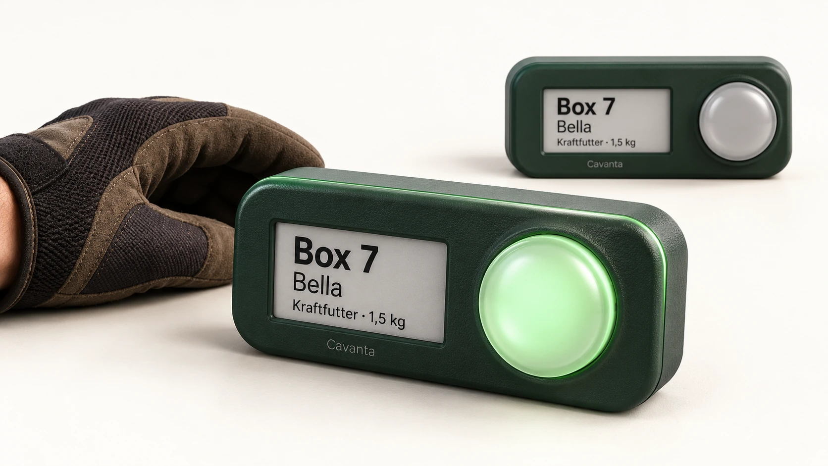 Entwurf des kompakten Cavanta Box-Knopfs mit E-Ink-Feld und Leuchtknopf