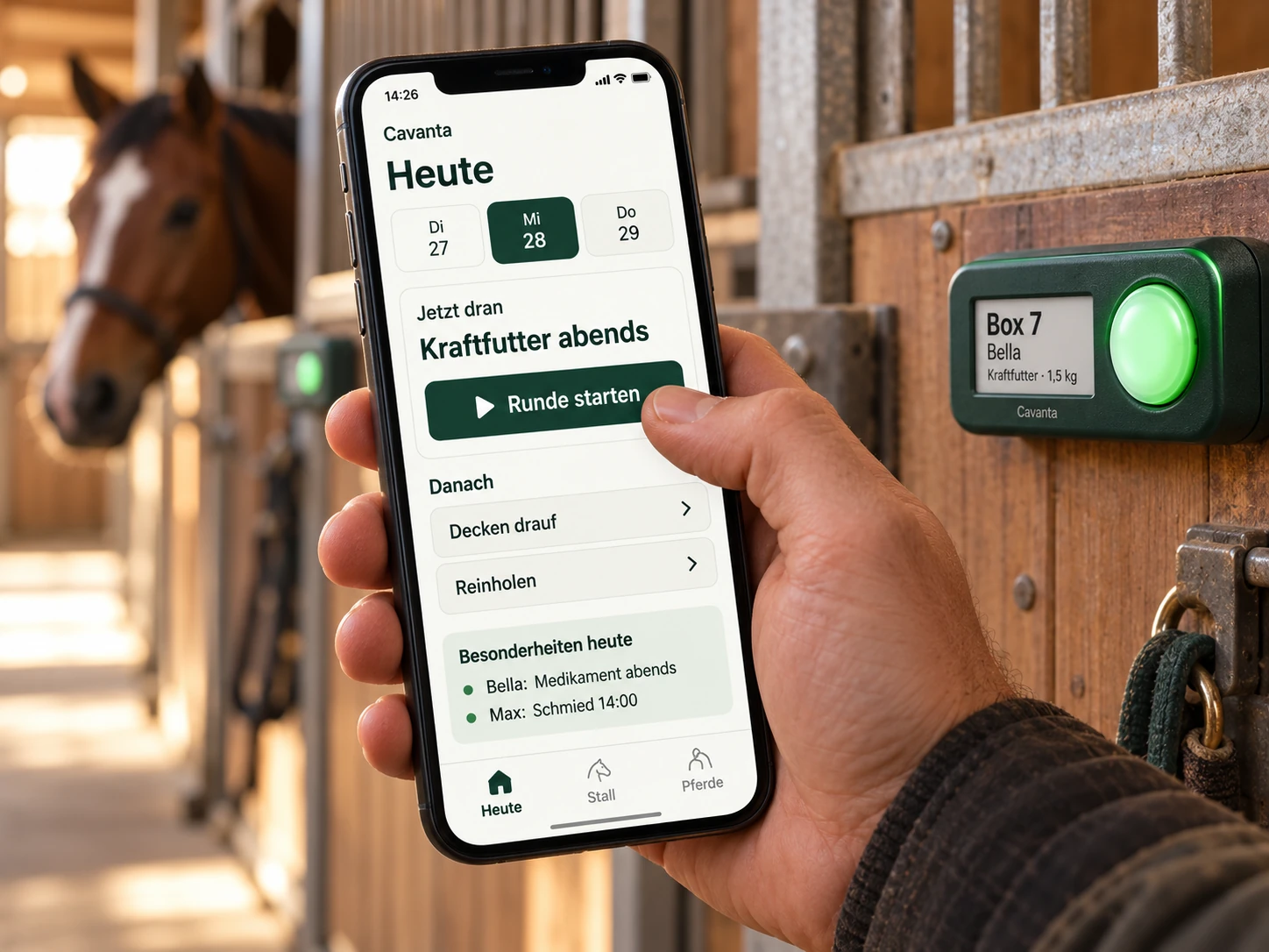 Die mobile Cavanta Ansicht zeigt anstehende Aufgaben und die Schaltfläche zum Starten einer Runde